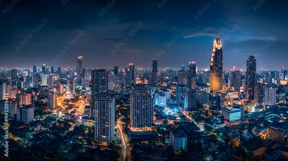 Fototapeta premium Panorama view of Bangkok business district at night time.