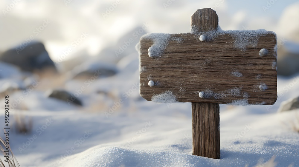 Naklejka premium Wooden sign in a snowy landscape with rocks.