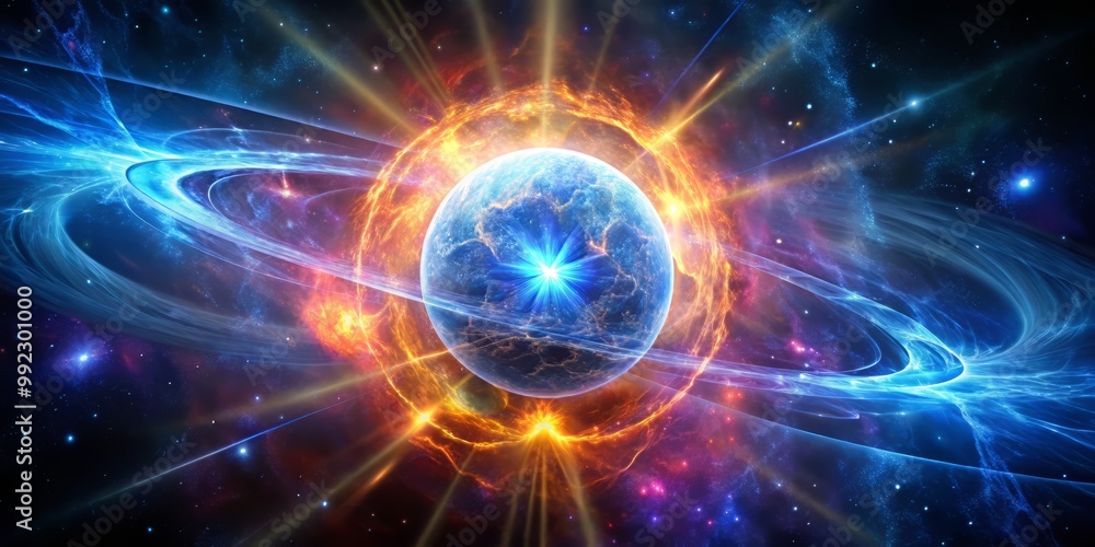 High-quality illustration of a neutron star, observed in X-ray and gamma-ray wavelengths, revealing its intense magnetic field and radiation. High-quality illustration of a neutron star, observed in X-ray and gamma-ray wavelengths, revealing its intense magnetic field and radiation.