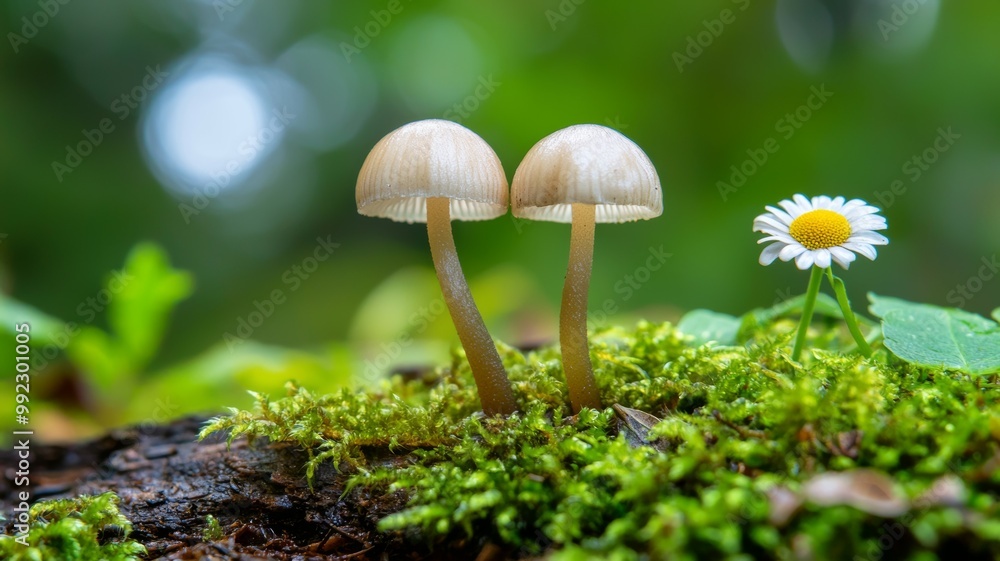 Two mushrooms are growing on a mossy log next to a daisy Two mushrooms are growing on a mossy log next to a daisy