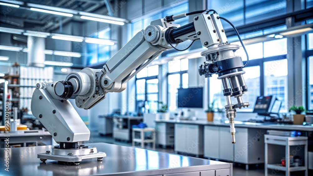 A detailed shot of a robotic arm, its joints and mechanisms exposed, as it moves with precision and accuracy, with a blurred background of lab equipment and testing areas. A detailed shot of a robotic arm, its joints and mechanisms exposed, as it moves with precision and accuracy, with a blurred background of lab equipment and testing areas.