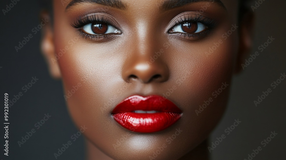 Close-up portrait of a woman's face with red lipstick and brown eyes Close-up portrait of a woman's face with red lipstick and brown eyes