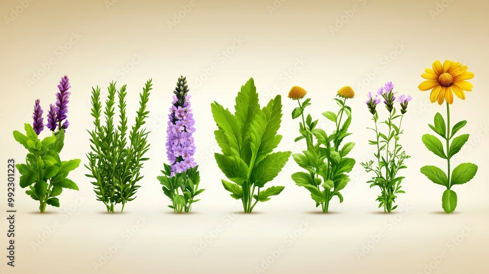 A row of plants with a yellow flower in the middle A row of plants with a yellow flower in the middle