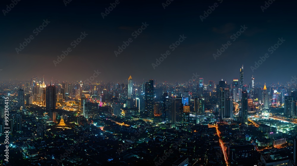 Fototapeta premium Panorama view of Bangkok business district at night time.