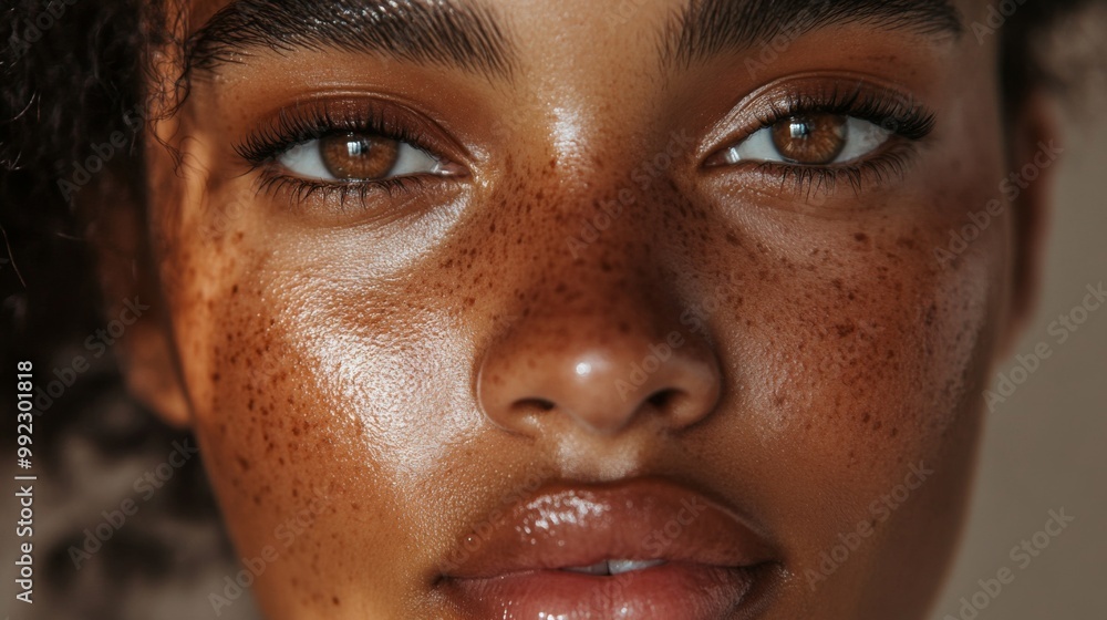 Close-up Portrait of a Woman's Face with Freckles and Full Lips Close-up Portrait of a Woman's Face with Freckles and Full Lips