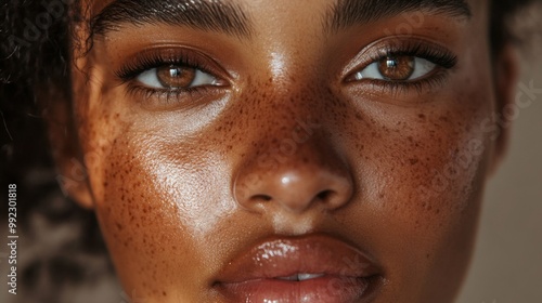 Close-up Portrait of a Woman's Face with Freckles and Full Lips