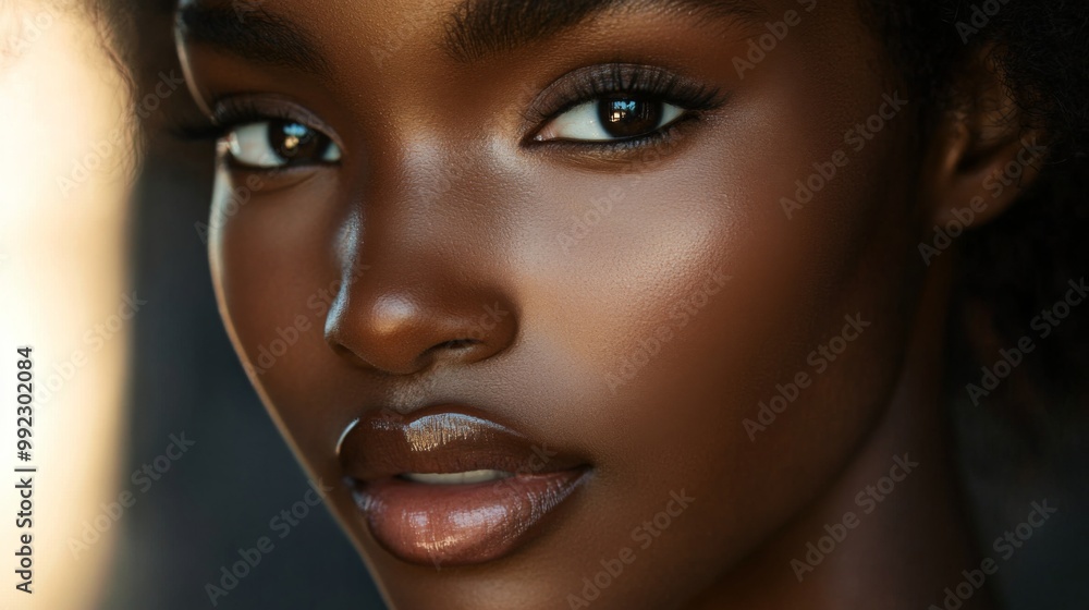 Close-up portrait of a woman with dark skin and glossy lips Close-up portrait of a woman with dark skin and glossy lips