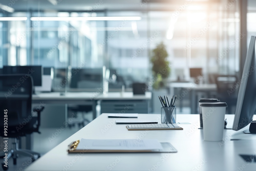 Modern Office with Individual Workstations Featuring Desktops, Notepads, and Coffee Cups