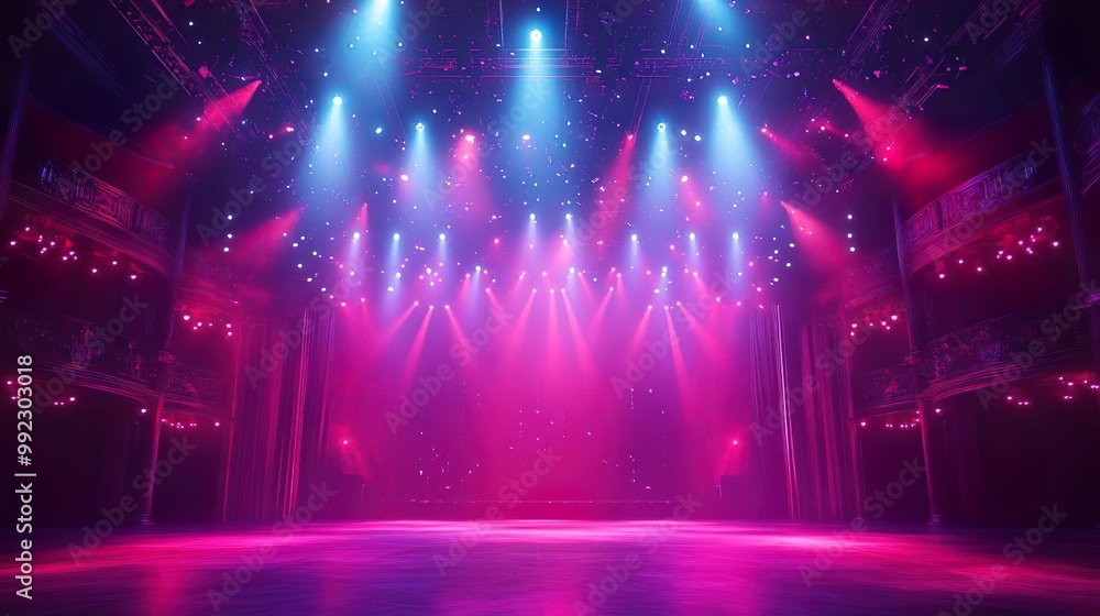 Colorful abstract neon spotlight beams illuminate a beautifully decorated concert stage Colorful abstract neon spotlight beams illuminate a beautifully decorated concert stage