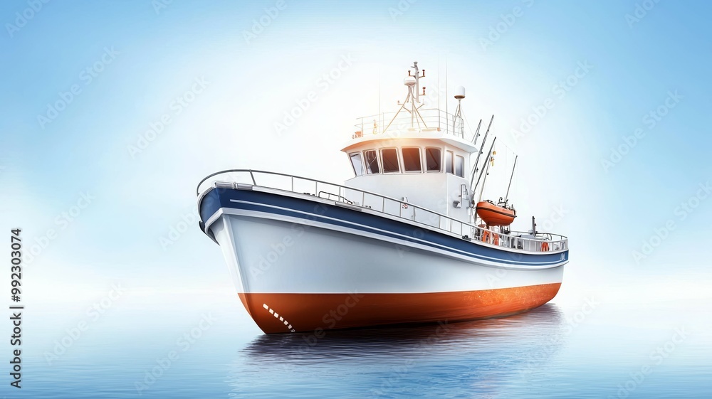 A large boat is on the water with a bright blue sky in the background A large boat is on the water with a bright blue sky in the background
