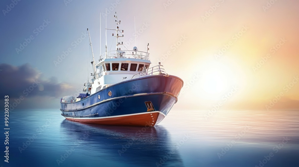 A large blue boat is floating on the water A large blue boat is floating on the water