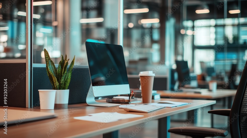 Modern Office with Individual Workstations Featuring Desktops, Notepads, and Coffee Cups Modern Office with Individual Workstations Featuring Desktops, Notepads, and Coffee Cups