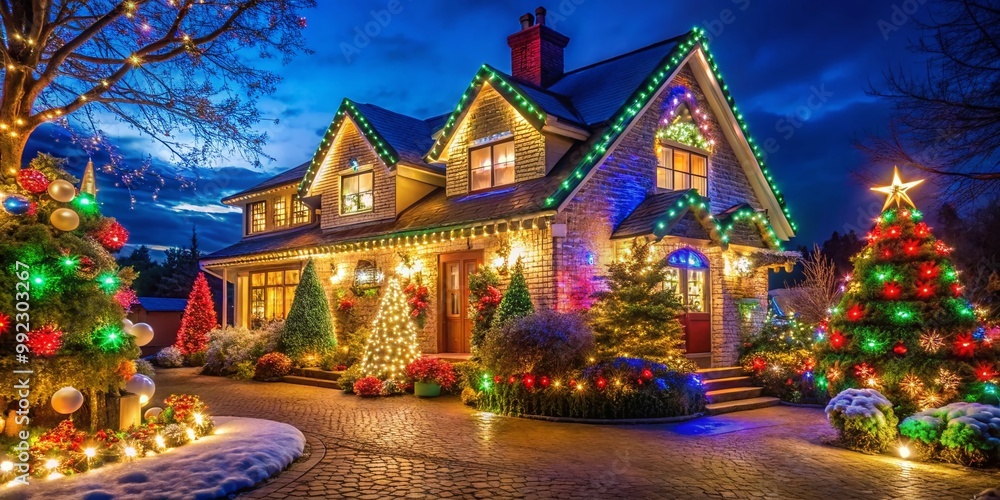 Fototapeta premium Beautifully Decorated House with Outdoor Christmas Lights Creating a Festive Holiday Atmosphere
