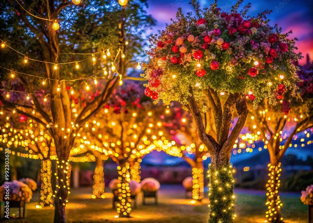 Beautifully Decorated Wedding Trees with Twinkling Lights Creating a Romantic Atmosphere Outdoors Beautifully Decorated Wedding Trees with Twinkling Lights Creating a Romantic Atmosphere Outdoors