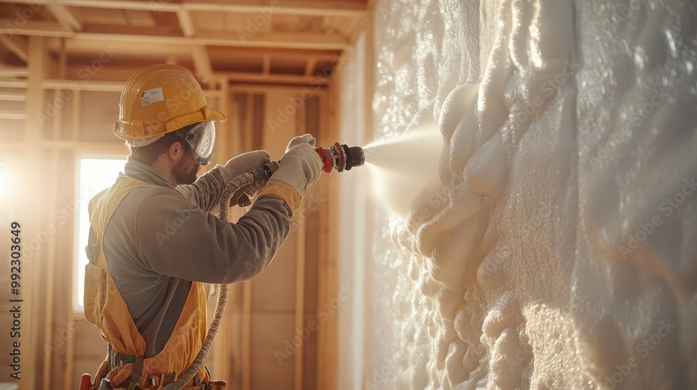 Construction Worker Applying Spray Foam Insulation in a Modern Building ...