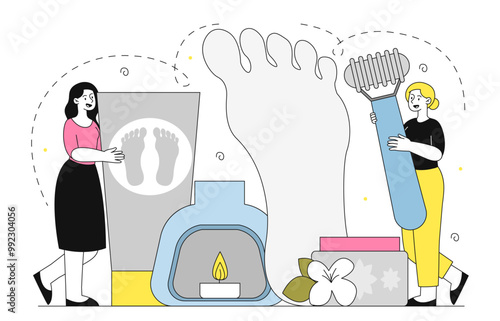 Women with chiropody. Young girl with foot massager and medicines. Healthcare and medicine, treatment. Podiatrists procedures. Linear vector illustration