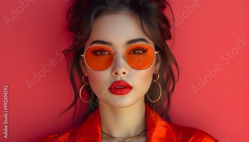 Vibrant Portrait of a Fashionable Woman with Pop Art Makeup Against a Bright Red Summer Background