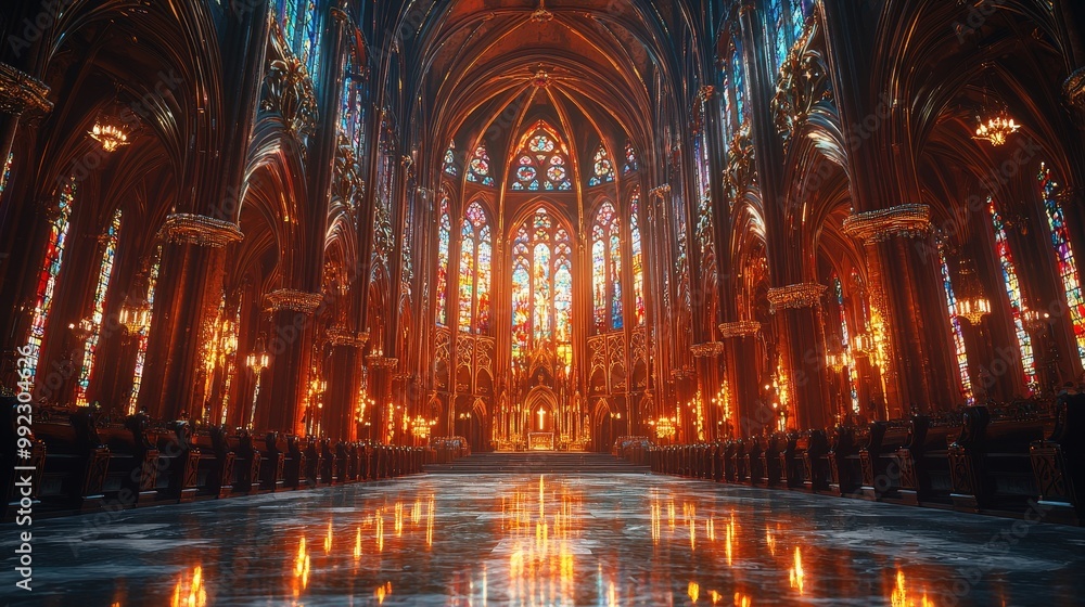 Fototapeta premium Gothic Cathedral Interior with Stained Glass Windows and Light