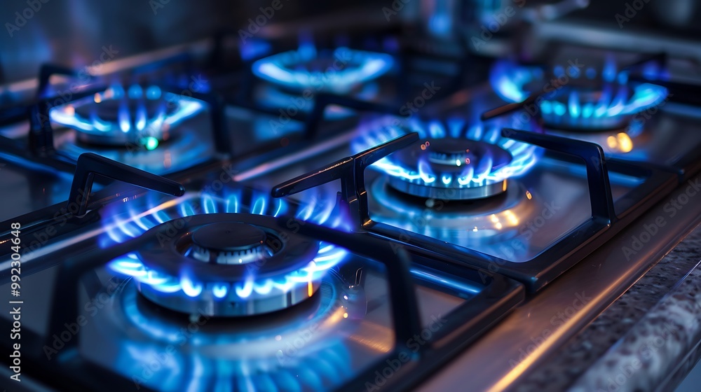 Gas burning with blue flame in the modern kitchen Gas burning with blue flame in the modern kitchen
