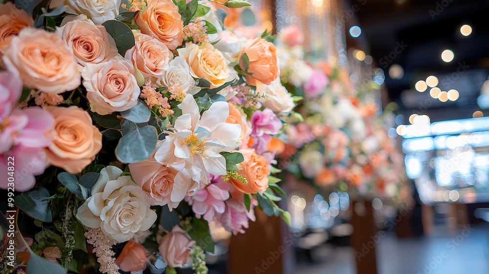 Fototapeta premium Peach and White Roses Bouquet with Eucalyptus and Greenery