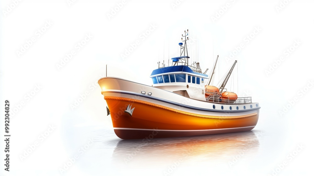 A large orange boat is on the water A large orange boat is on the water