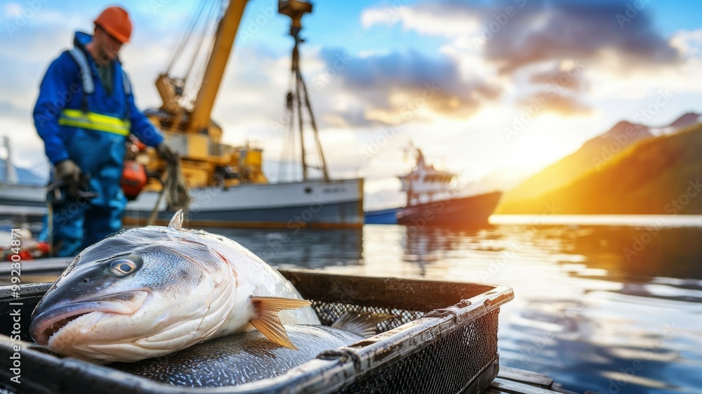 A man is standing next to a fish in a basket A man is standing next to a fish in a basket