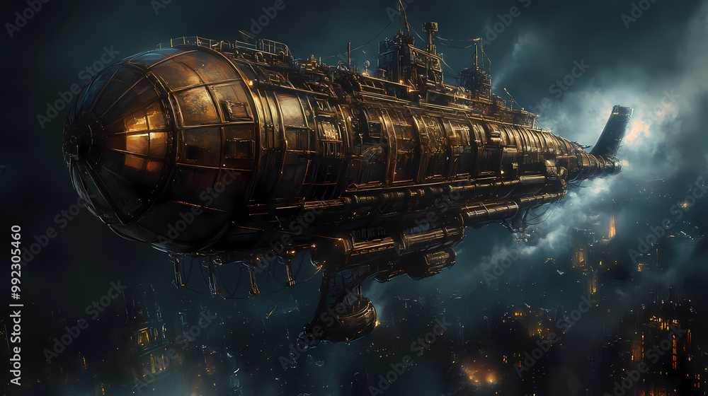 Intricate steampunk airship design soaring through darkness with a rusty allure. Airship. Illustration Intricate steampunk airship design soaring through darkness with a rusty allure. Airship. Illustration