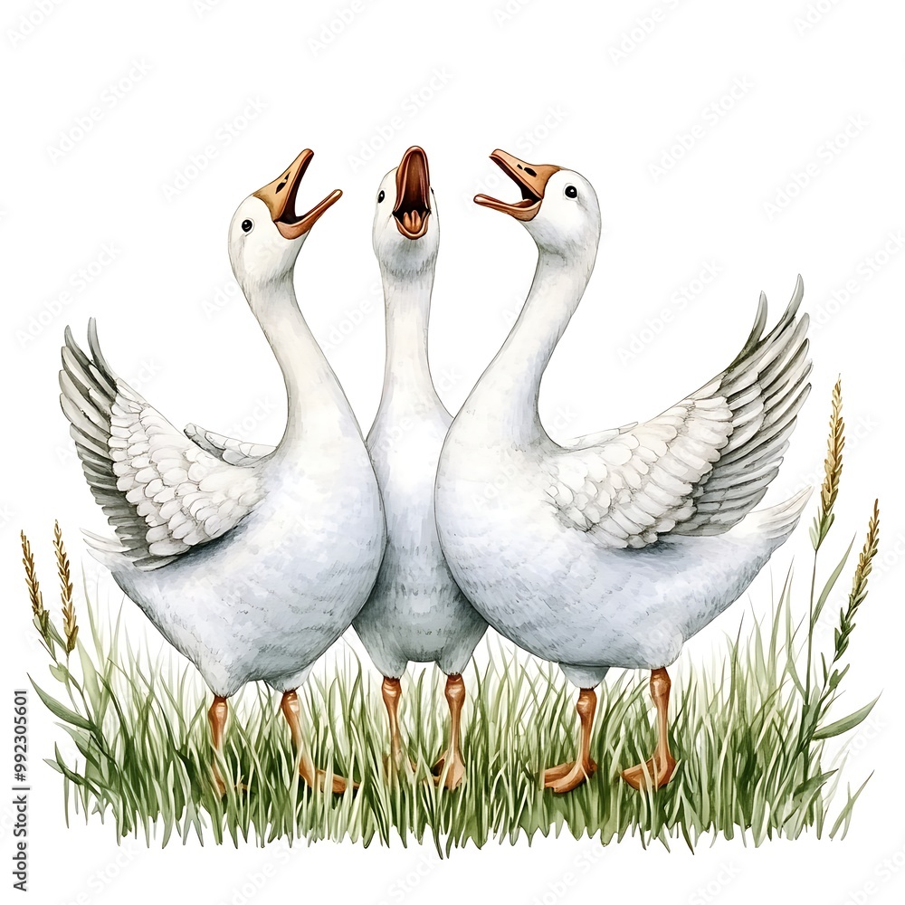 Obraz premium Three Geese Standing in a Row, Watercolor Illustration.