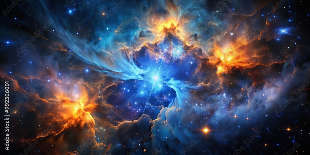 Fototapeta premium In the heart of a star-forming region, a dark nebula's inky blackness is offset by bursts of intense, electric blue illumination, as if the cosmos itself were afire.