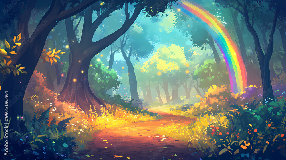 Fototapeta premium Magical fantasy fairytale forest with rainbow and trees. Magical Forest. Illustration