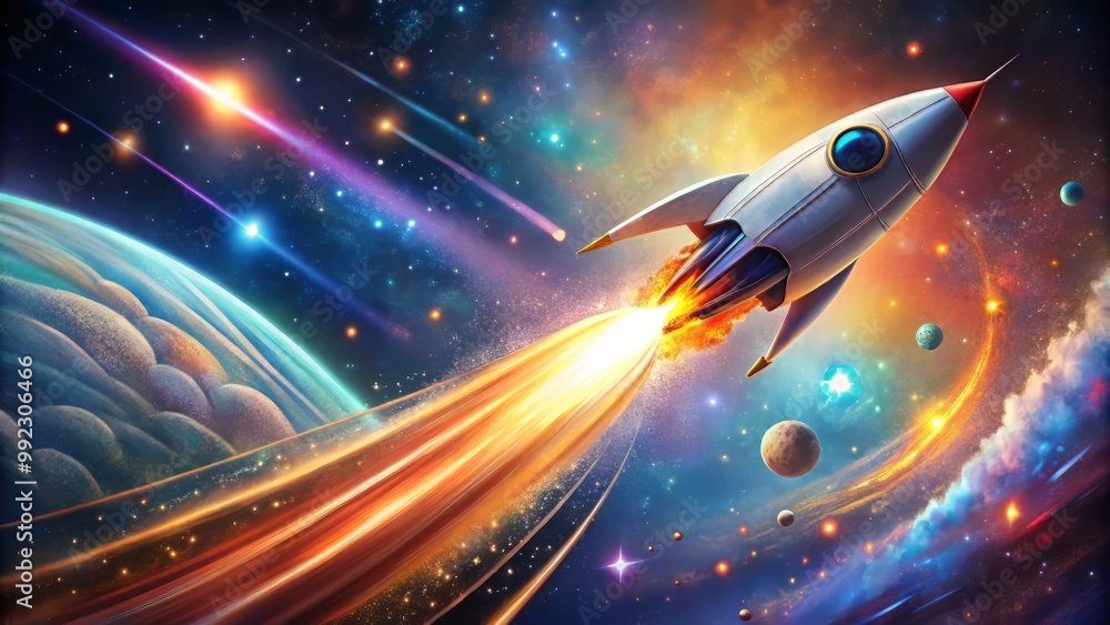 A vibrant, stylized illustration of a spacecraft speeding through the cosmos, leaving a trail of glittering stars and stardust behind A vibrant, stylized illustration of a spacecraft speeding through the cosmos, leaving a trail of glittering stars and stardust behind