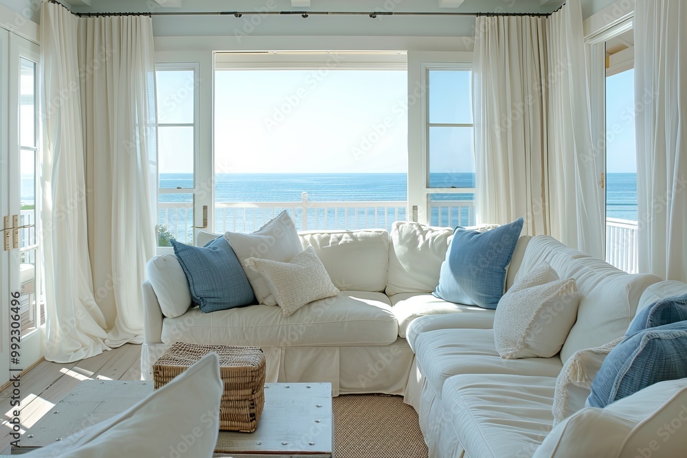 Interior of a modern living room with sea view, white sofa and pillows Interior of a modern living room with sea view, white sofa and pillows