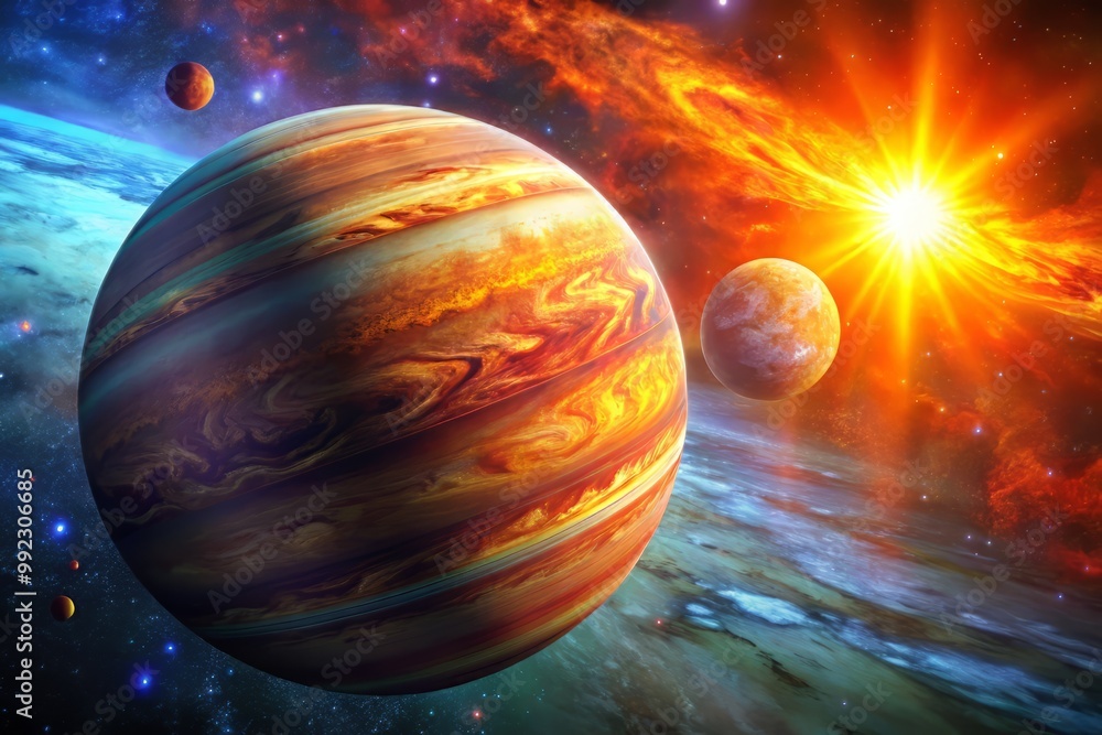 A stunning visual representation of a Jupiter-like exoplanet transiting its sun, showcasing vibrant colors and textures on both the planet and its star. A stunning visual representation of a Jupiter-like exoplanet transiting its sun, showcasing vibrant colors and textures on both the planet and its star.
