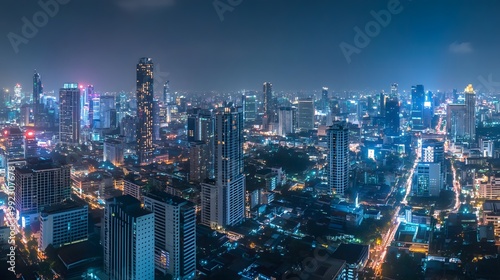 Wallpaper Mural Panorama view of Bangkok business district at night time.  Torontodigital.ca