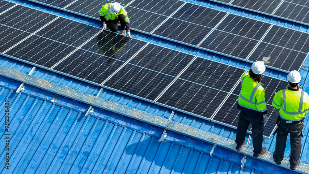 Worker Technicians are working to construct solar panels system on roof. Installing solar photovoltaic panel system. Men technicians walking on roof structure to check photovoltaic solar modules. Worker Technicians are working to construct solar panels system on roof. Installing solar photovoltaic panel system. Men technicians walking on roof structure to check photovoltaic solar modules.
