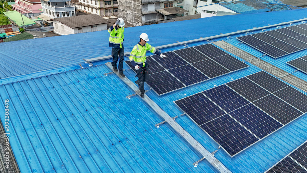 Worker Technicians are working to construct solar panels system on roof. Installing solar photovoltaic panel system. Men technicians walking on roof structure to check photovoltaic solar modules. Worker Technicians are working to construct solar panels system on roof. Installing solar photovoltaic panel system. Men technicians walking on roof structure to check photovoltaic solar modules.