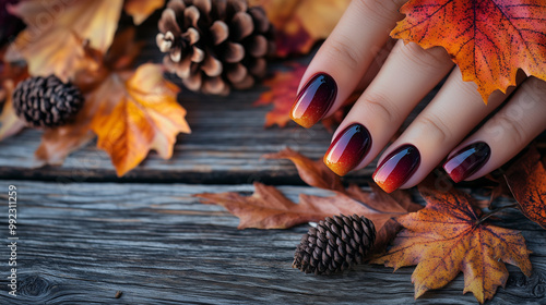 Autumn Gradient Nails with Pine Cones and Leaves. Autumn-themed manicure featuring gradient nails in dark shades, surrounded by pine cones and colorful fallen leaves. Perfect for the fall season, capt