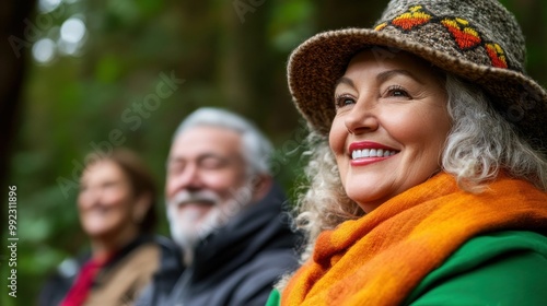 Elderly woman in a knitted hat and scarf, smiling happily while sitting with friends in a forest during an outdoor gathering...