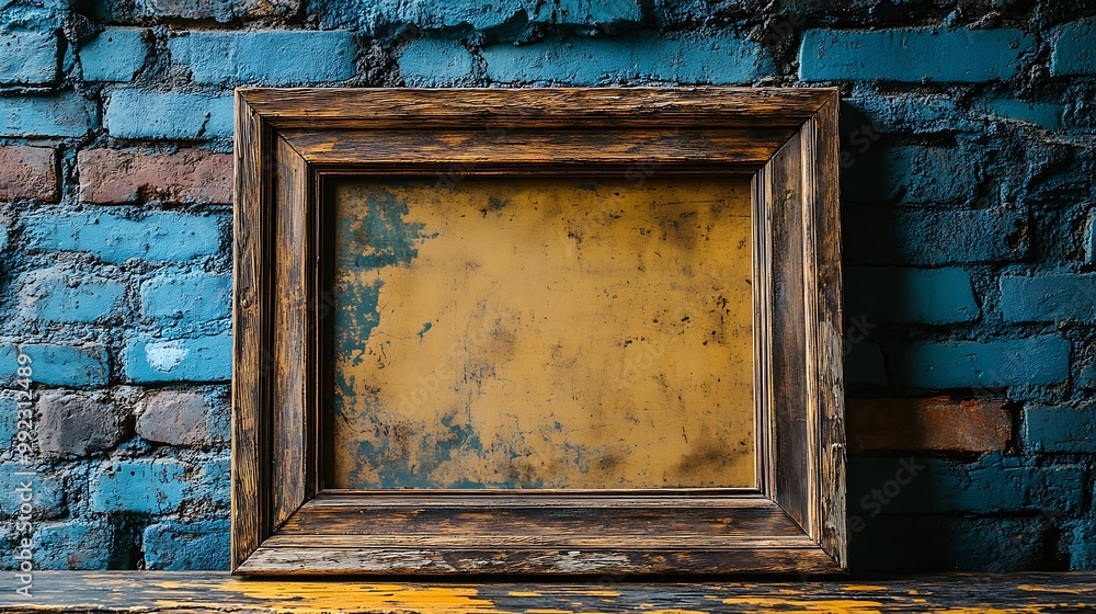 Naklejka premium Rustic Wooden Frame: A distressed wood frame, leaning against a brick wall, evoking a cozy and vintage atmosphere.
