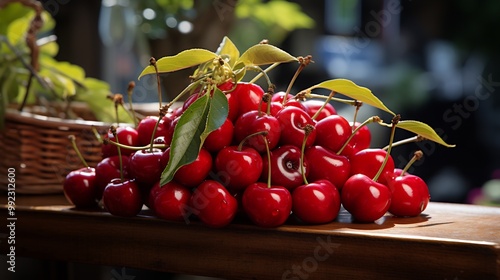 Acerola cherry nestled bed of fresh green leaf arranged wooden table under shaded pergola soft garden backdrop blurred behind highlighting their vibrant red color Scientific name Malpighia emarginata photo