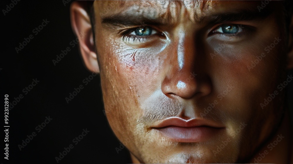 Fototapeta premium Closeup Portrait of a Man with Blue Eyes and Serious Expression