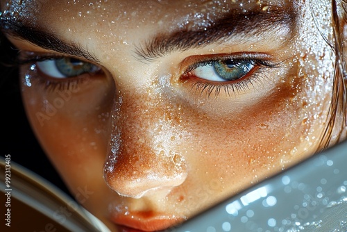 A hyper-realistic image of a book loverâ€™s face, deeply focused on the words as they read, showing every fine detail of their expression photo