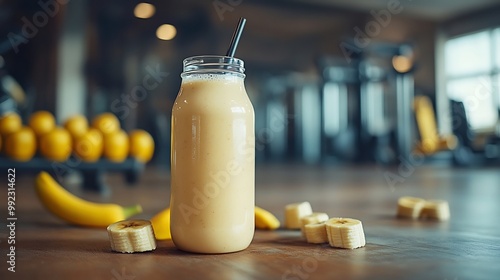 Acerola protein shake blended almond milk banana served reusable bottle at a gym with fitness equipment blurred in the background emphasizing postworkout nutrition Scientific name Malpighia emarginata photo