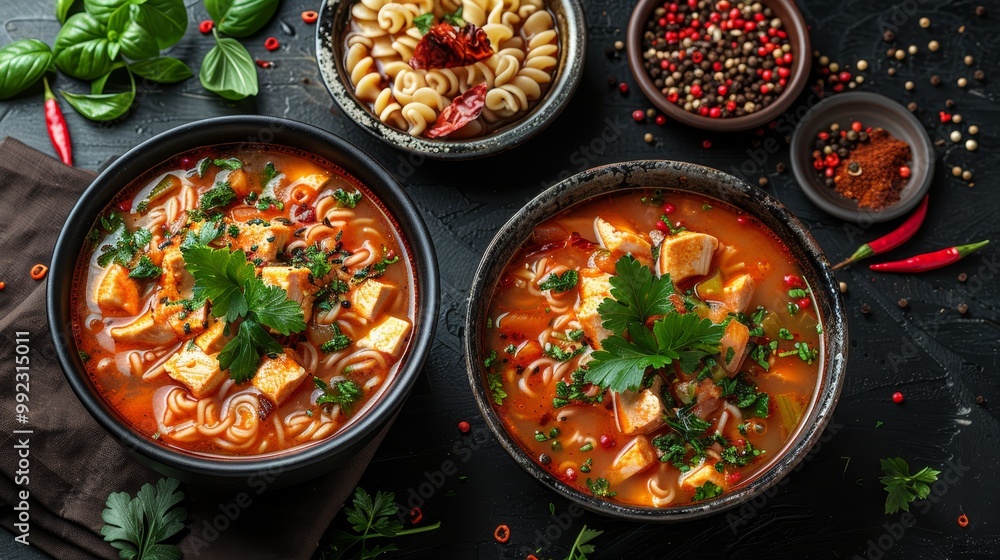 Spicy Tomato Soup with Chicken, Noodles, Herbs and Spices. Healthy Dinner. Comfort Food Spicy Tomato Soup with Chicken, Noodles, Herbs and Spices. Healthy Dinner. Comfort Food