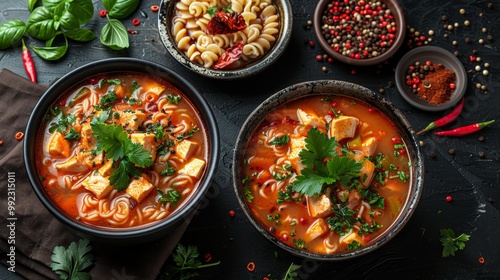 Spicy Tomato Soup with Chicken, Noodles, Herbs and Spices. Healthy Dinner. Comfort Food