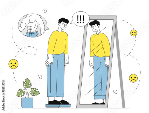 Man dream perfect body. Sad young guy stands in front of mirror and dreams of pumped up body. Negative feelings and emotions. Linear vector illustration