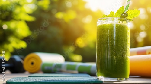 Acerolainfused green juice served glass tumbler sunlit patio fitness accessories workout mats softly blurred background promoting hydration and fitness recovery Scientific name Malpighia emarginata photo