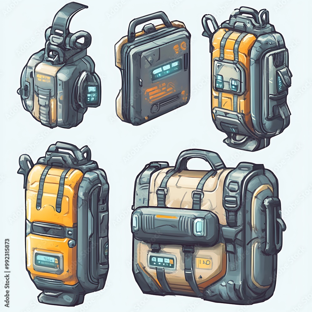 Naklejka premium Futuristic Backpacks and Suitcase Design Set, Sci Fi Travel Gear Illustration
