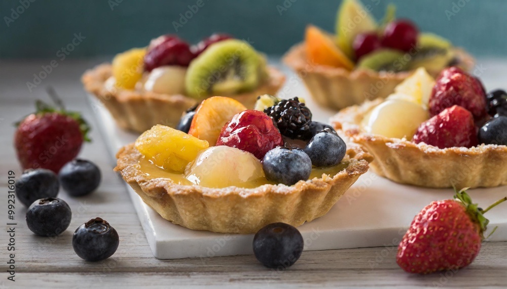 Classic fruit tarts with depth of field showcasing fresh fruits and buttery crusts Classic fruit tarts with depth of field showcasing fresh fruits and buttery crusts