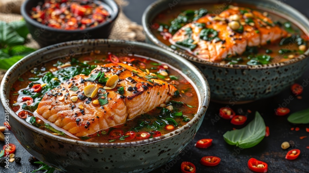Two Bowls Of Delicious Soup With Salmon, Spinach, And Herbs. Healthy Eating, Keto Diet Recipes Two Bowls Of Delicious Soup With Salmon, Spinach, And Herbs. Healthy Eating, Keto Diet Recipes